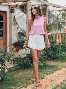 SHEIN Holidaya 女士纯色圆领荷叶边下摆无袖衬衫 - 粉色 - 查看 5