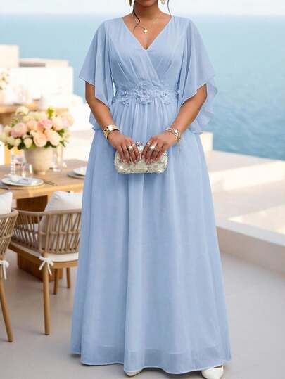 Fleurora Vestido azul de encaje de talla grande con flores 3D, vestido formal brillante para primavera/verano, vestido que realza la figura para bodas, galas, fiestas, graduaciones, cumpleaños y otras ocasiones formales