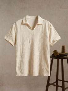 ROMWE MEN Street Life Men's Linen Solid Color Short Sleeve Polo Shirt - Apricot - View 1
