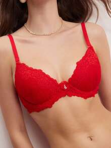2 件情人节蕾丝钢圈文胸和内裤套装女士内衣 - 紅色 - 查看 5