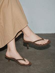 Women's High Heel Sandals, 2026 Spring/Summer New Arrival, Round Toe High Heel Flip Flops, Beach Resort Style Thong Sandals, Coffee Brown Suede Material, Kitten Heel - Coffee Brown - View 3