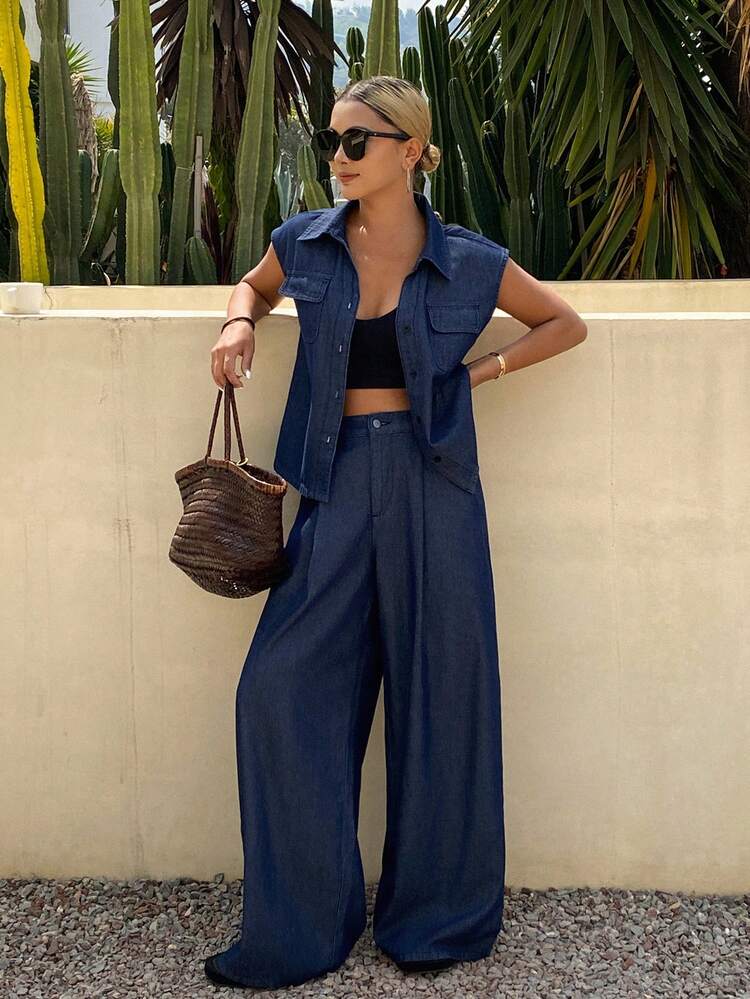 Women's Casual Elegant Office Wear Denim Set, Spring & Summer