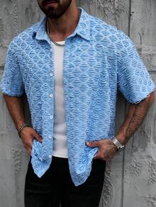 SLATEMANN Men's All-Over Print Button Front Casual Short Sleeve Shirt - Blue - View 5