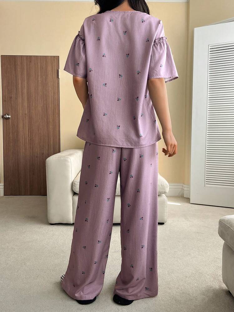 2pcs Sweet Ditsy Floral Loose Short Sleeve Top And Straight Long Pants Pajama Set For Women, Summer