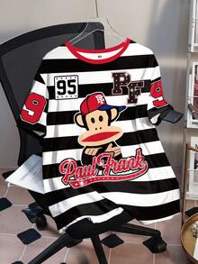 Paul Frank X SHEIN Plus Size Summer Casual Striped Letter & Cartoon Print Crew Neck Short Sleeve T-Shirt - White - View 3