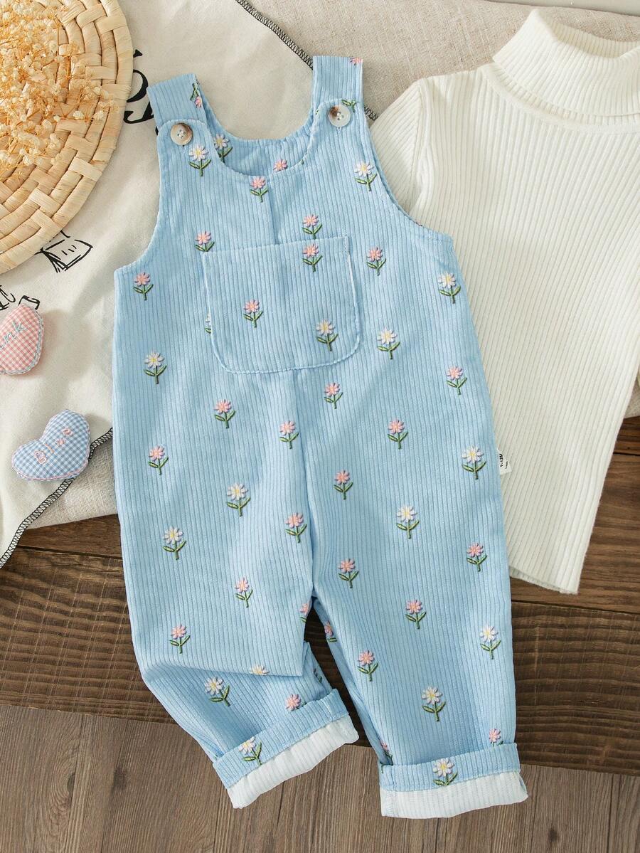 SHEIN Baby Mädchen 0-3 Jahre Cord-Latzhose Set mit Herz-Muster für Frühling/Herbst, Casual Stil mit Brusttasche, geeignet für Outdoor-Spiel und Lässig - Blau - Übersicht 1
