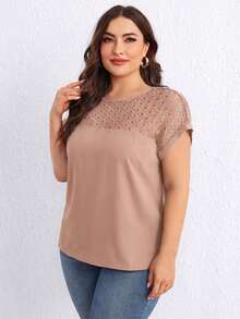 SHEIN Clasi Plus Size Solid Color Lace Patchwork Round Neck Casual Short Sleeve Shirt - Dusty Pink - View 5