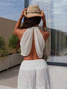 Bris Aura Áo cánh Chiffon thời trang thường ngày cho nữ, cổ bẻ chéo, cài nút thanh lịch, gợi cảm - Màu be - Xem 2