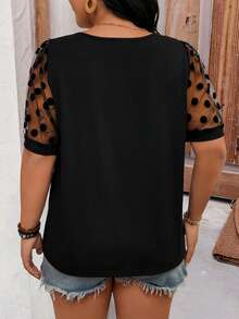 EMERY ROSE Plus Size V-Neck Polka Dot Mesh Splice Short Sleeve T-Shirt, Chic Summer Style - Black - View 2