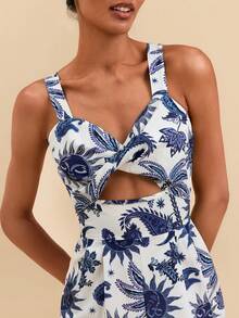 Travachic Women's Summer Beach Vacation Tropical Print Twist Front Hollow Out Camisole Romper - Multicolor - View 7