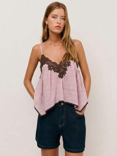 Nöista Camisole Top With A Navy Lace Trim Along The Neckline And Hem, Adjustables Straps On Back. Spring, Summer, Boho, Festival, Woman.