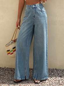 DAZY Quần jeans ống đứng xẻ tà dành cho nữ, quần denim bạc màu phong cách đường phố thường ngày. - Rửa trung bình - Xem 5