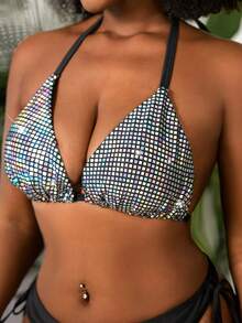 Slaydiva Áo bikini vải sequin cổ yếm cỡ lớn dành cho nữ - Nhiều màu - Xem 4