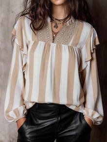 SHEIN Holidaya Women's Khaki Striped Notched-Neck Loose Shirt,Blue And White Stripe,Autumn,Boho,Vacation,Holiday,Ruffled Long Sleeve Lace Trim Peasant Blouse Tops - Khaki - View 4