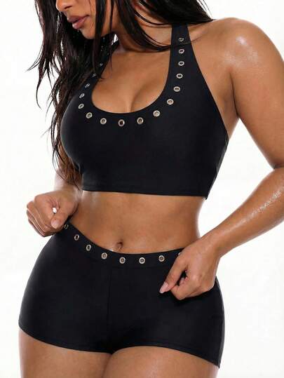 Swim Basics Plus Size 2026 Spring/Summer New Sexy Hollow-Out Backless Black Spaghetti Strap Crop Top & Shorts 2-Piece Set, Fashionable Y2K Rocker Clubwear For Night Out, Beach, Pool Party, Music Festival