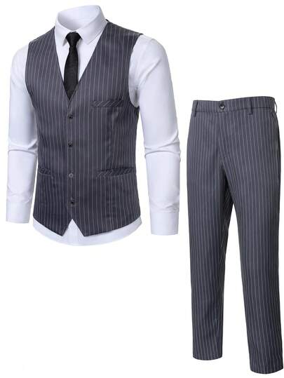 Manfinity Mode Men's Fashion Business Commute Striped Print Suit Vest