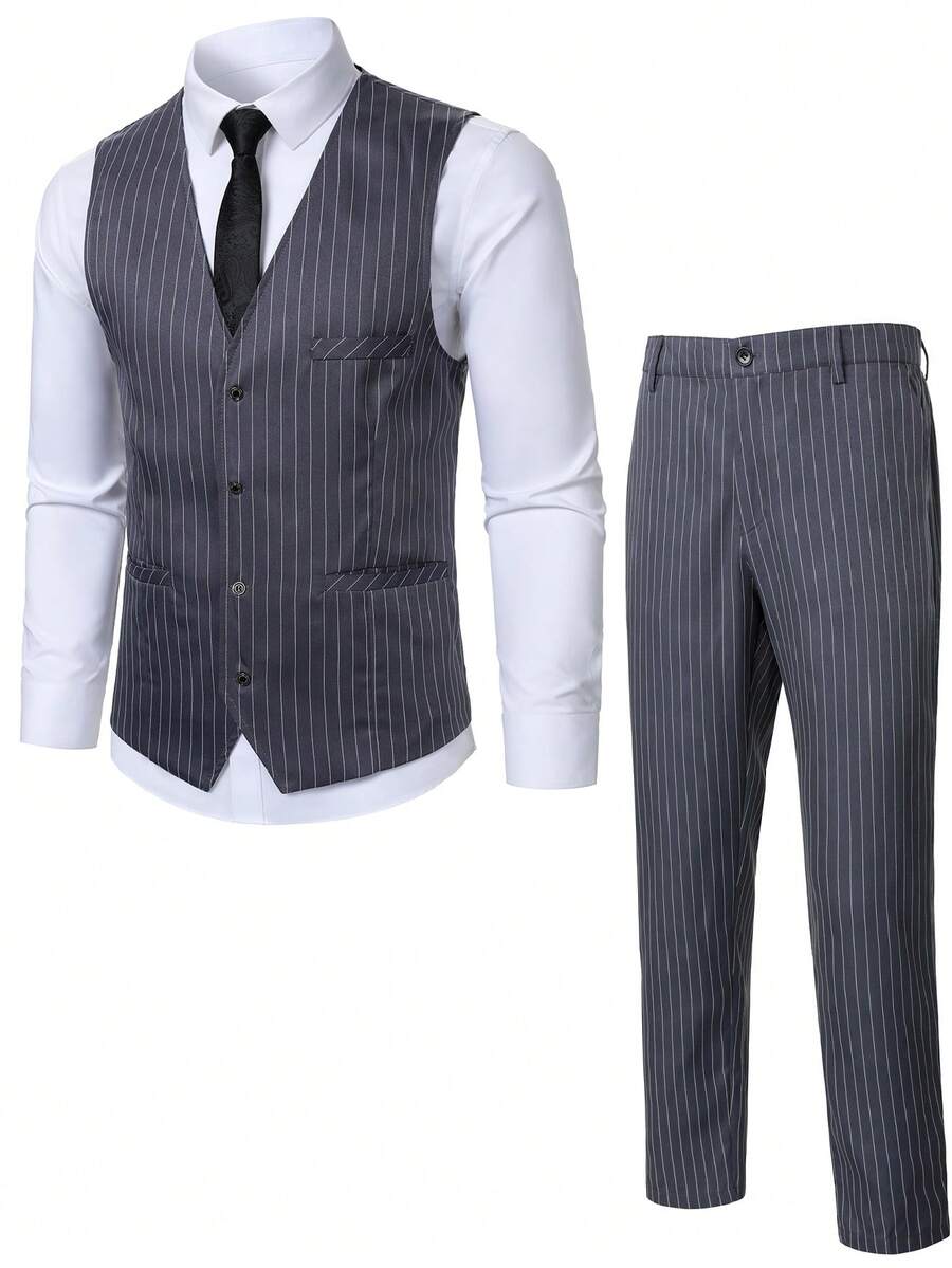 Manfinity Mode Men's Fashion Business Commute Striped Print Suit Vest - Grey - View 1