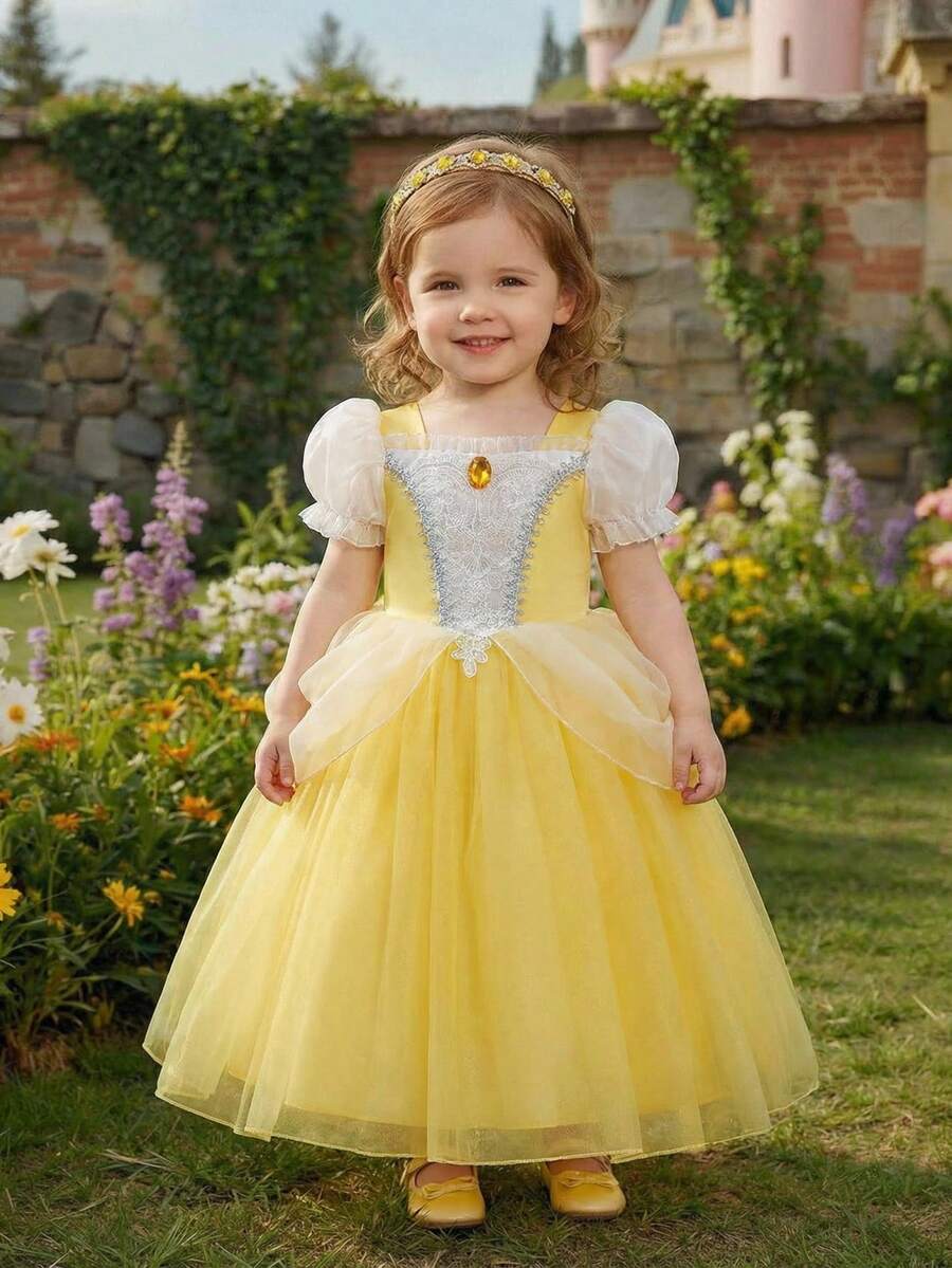 SHEIN Glamorique Kids 女婴公主薄纱连衣裙,黄色网纱连衣裙,泡泡袖,生日派对,婚礼节日正式礼服,珠宝装饰,四季皆宜,优雅正式礼服 - 黃色 - 查看 1