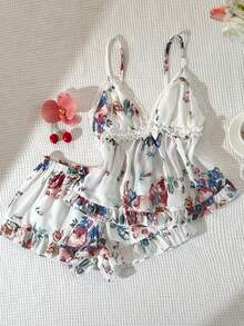 Elamini Conjunto de 2 piezas de mujer para el verano con camiseta de gasa con estampado digital, adorno de lazo y encaje, y shorts con volantes en el bajo - Multicolor - View 1