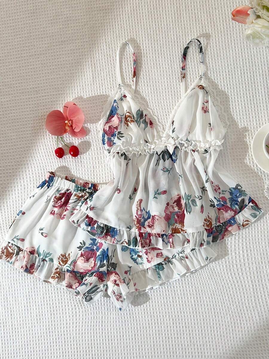 Elamini Conjunto de 2 piezas de mujer para el verano con camiseta de gasa con estampado digital, adorno de lazo y encaje, y shorts con volantes en el bajo - Multicolor - View 1