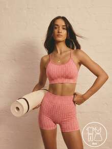 SHEIN Aralina-E 2 Pieces Set Leisurewear Seamless Pattern Intarsia Active Spring Summer Exercise Vacation Beach Binding Detail Crop Strappy Bike Short Two Pieces Set Chocolate - Pink - View 11