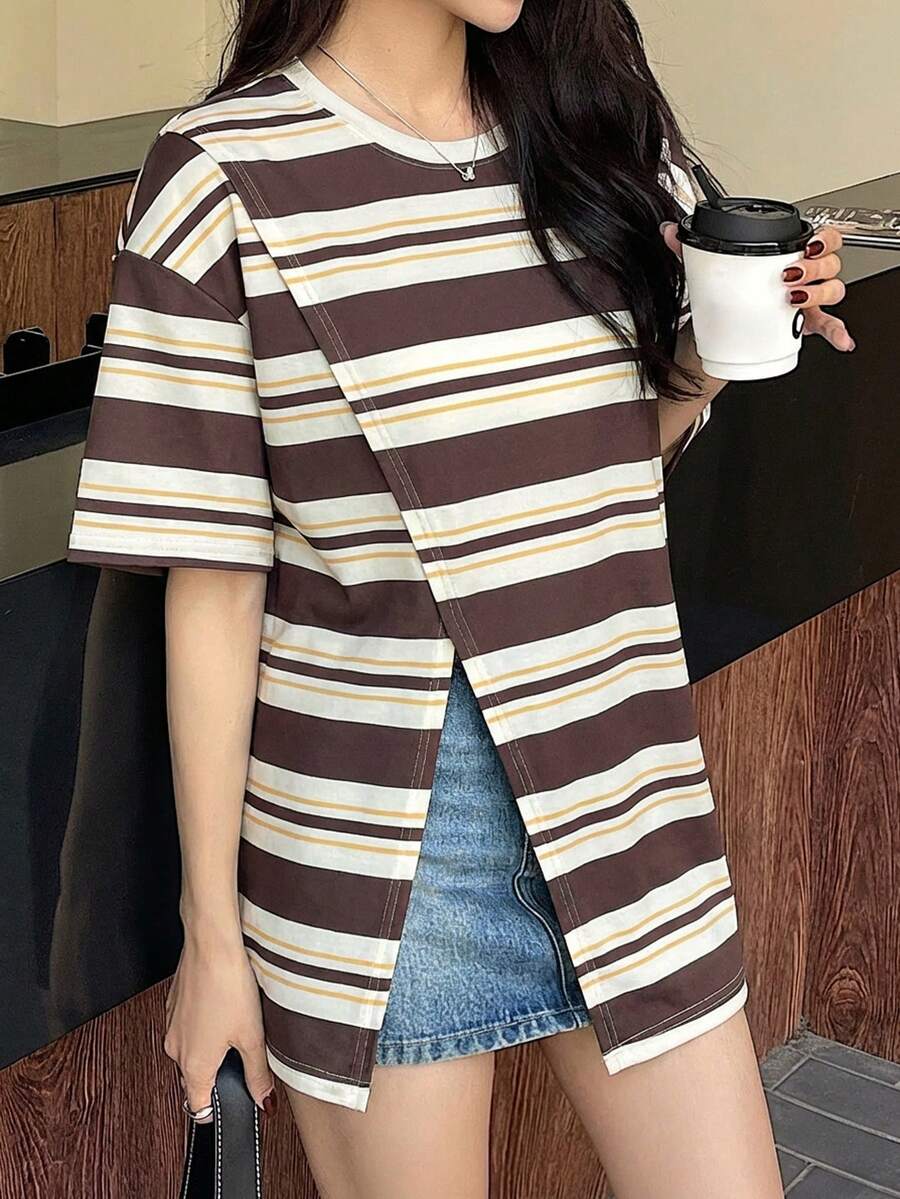 DAZY 女士休闲宽松条纹开衩下摆短袖T恤 夏季 - 棕色 - 查看 1