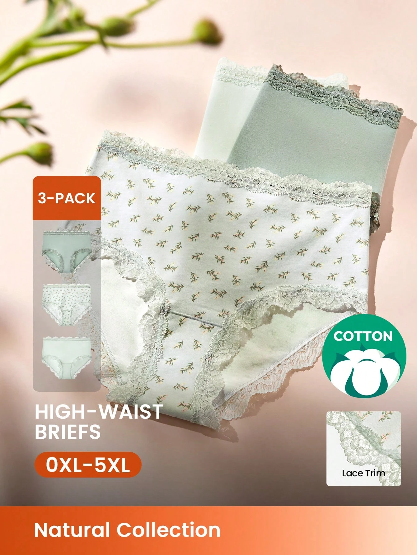 Plus 3-Pack Lace Trim Cotton High-Waist Briefs Panties Set