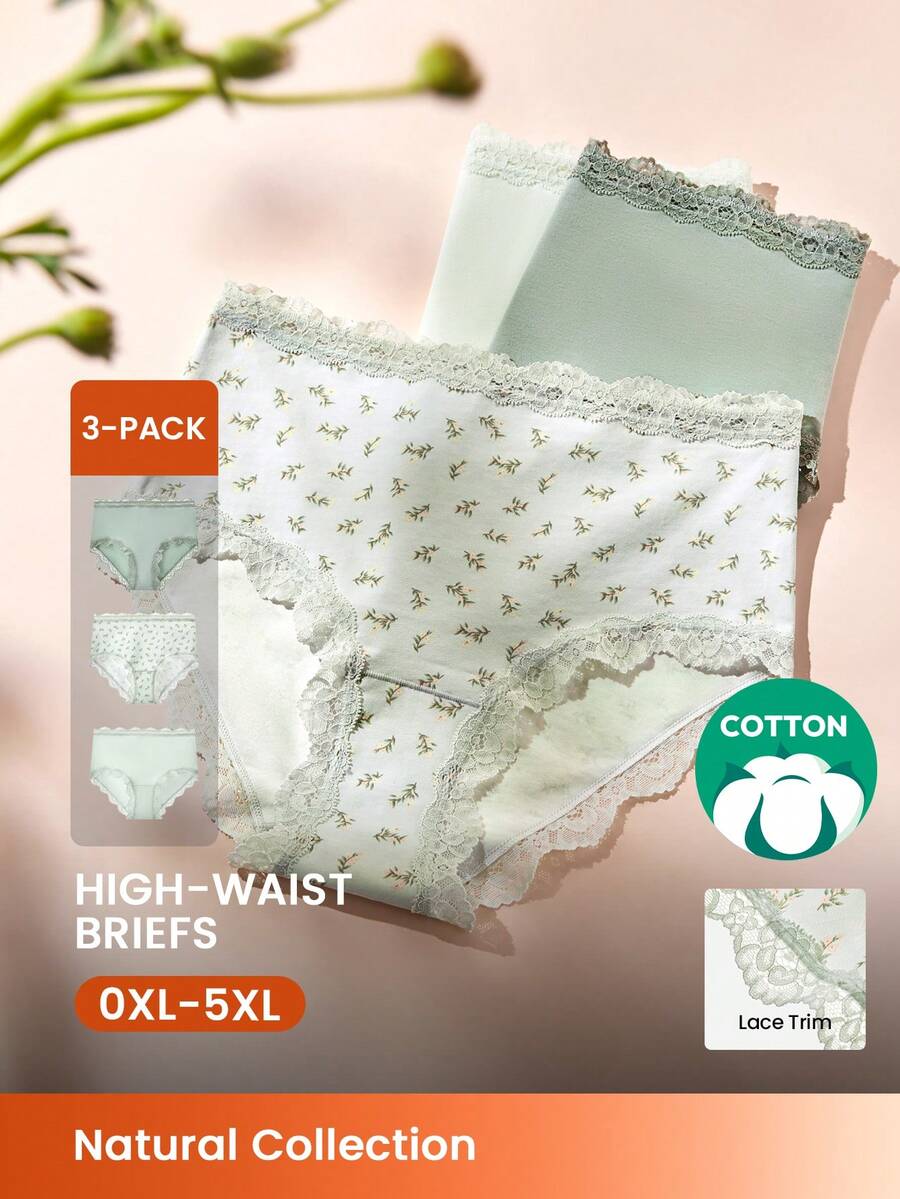 LUVLETTE Plus 3条装蕾丝边纯棉高腰基本款三角裤女士内裤套装 - 花卉印花蕾丝边 - 绿色