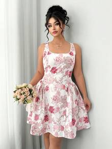Elenzga Plus Size Women Elegant Square Neck Floral Print Casual Summer Dress - Multicolor - View 2