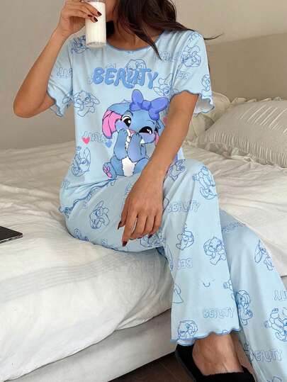 Genkimix Kids Bộ đồ ngủ cho bé gái tuổi teen, áo thun ngắn tay cổ tròn màu xanh dương in hình thỏ dễ thương, viền tương phản, kết hợp với quần in hình thỏ toàn thân, bộ đồ mặc nhà thoải mái.
