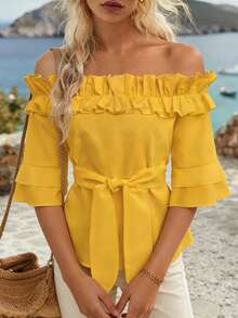 EMERY ROSE Blusa casual con hombros descubiertos y volantes para mujer - Amarillo - Ver 4