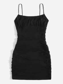 GalTyme Plus Size Women's Summer Sexy Black Knitted Mesh Bodycon Mini Dress With Spaghetti Straps Milkmaid Dress - Black - View 3