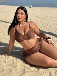 Swim Chiccia Plus Size Women's Soft Cup Underwire Top & Printed Triangle Bottoms Bikini Set - Chocolate Brown - View 4