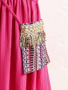 SHEIN Mädchen Lässig Gewebe bedrucktes Kleid mit goldenem Quastenbesatz, V-Ausschnitt Puffärmel, geeignet für den täglichen Gebrauch, Urlaub, Frühling/Sommer - Heißes Pink - Übersicht 6