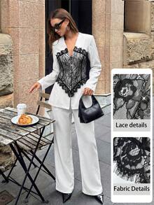 Modelyn Women's Spring/Summer Lace Contrast Color Patchwork V-Neck Elegant Fashion Suit Set - Multicolor - View 3