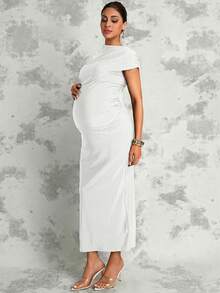 MaterniChic Elegant Solid Color Maternity Dress For Summer - White - View 7