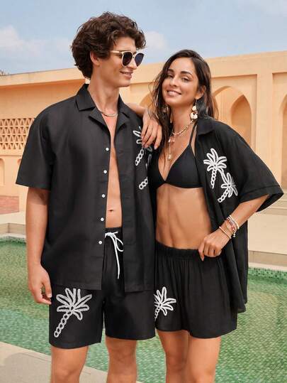 Manfinity VDAYZ 男士棕榈树印花度假衬衫和短裤沙滩套装