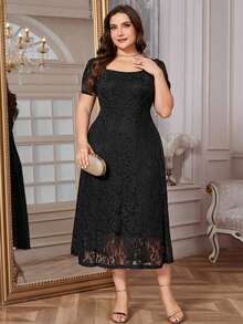SHEIN Clasi Plus Size Elegant Lace Waist Puff Sleeve Dress, Summer - Black - View 9