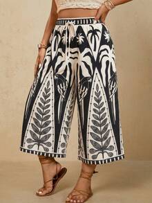 Travachic Plus Size Women's Tropical Plant Print Drawstring Waist Loose Wide Leg Capri Pants, Suitable For Spring, Summer, Autumn Beach/Holiday - Black - View 6