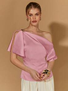 COSMINA Blouse en satin asymétrique avec bouton décoratif en métal, top élégant et décontracté de style Y2K, t-shirt/chemise minimaliste chic et moderne, blouse en satin blanc - Vieux Rose - Voir 5