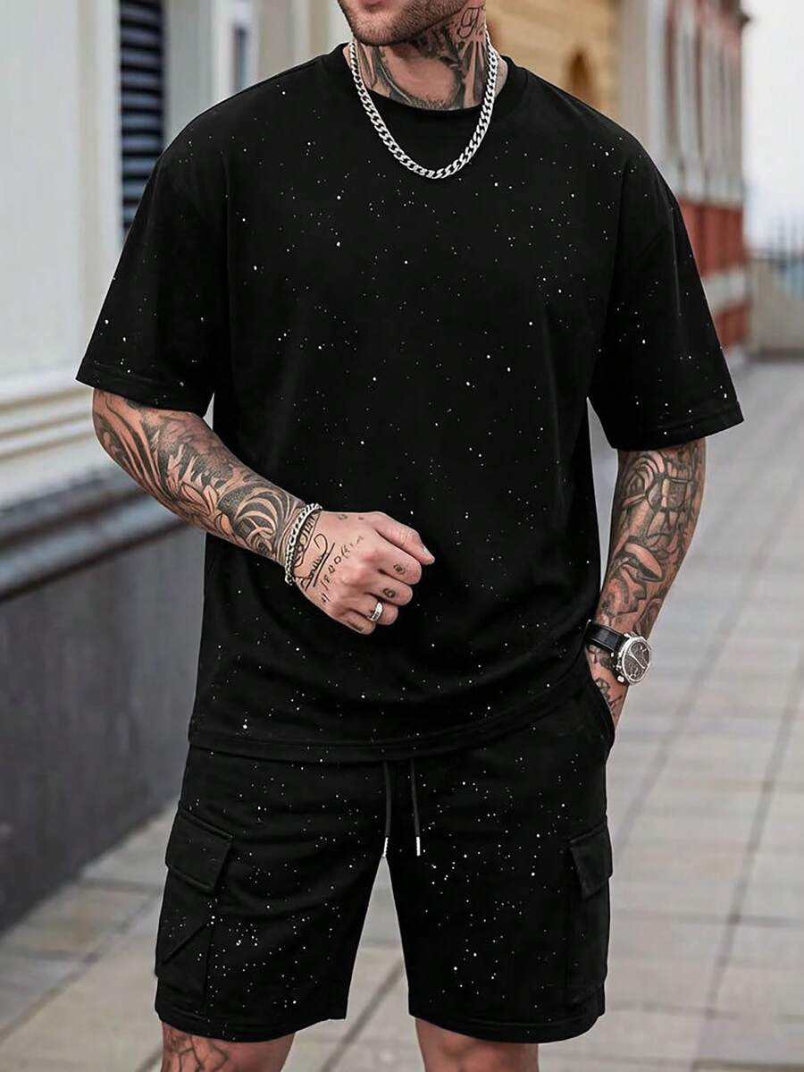 SLATEMANN 男士休闲T恤短裤套装，夏季 - 黑色 - 查看 1