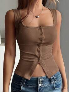 SHEIN Tank Top Rajut Bergaris Tanpa Lengan Leher Persegi Gaya Prancis Warna Cokelat Kopi untuk Wanita, Camisole Kancing Gaya Musim Panas yang Chic untuk Sehari-hari, Pakaian Gaya 2000-an yang Mengencangkan Pinggang - Coklat - View 5