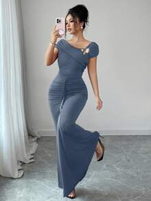 Modelyn Asymmetric Shoulder Metal Buckle Decor Pleated Fitted Elegant Dress For Women - Dusty Blue - View 5
