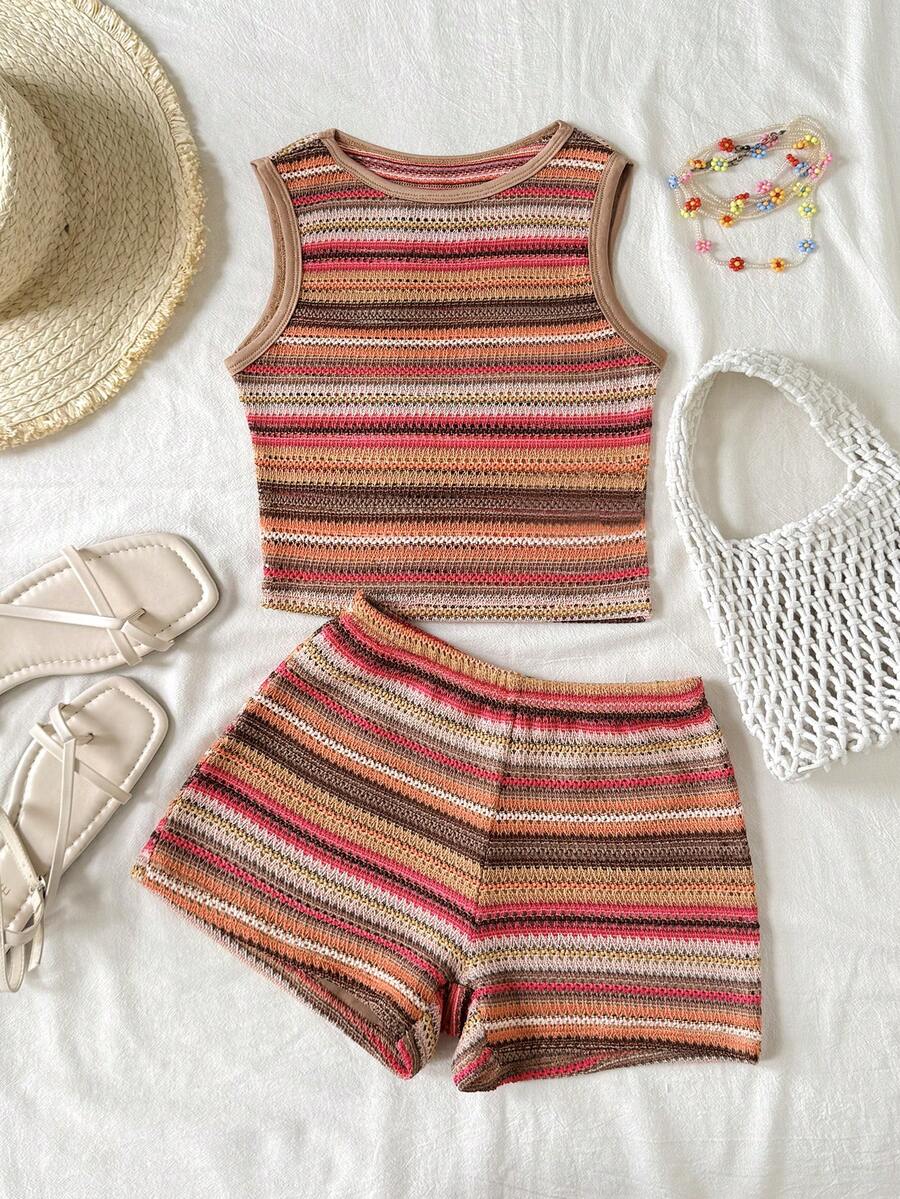 SHEIN Bộ đồ thể thao cho bé gái tuổi teen, kiểu dáng rộng rãi, thoải mái, nhiều màu nâu sọc, cổ tròn, không tay, gồm áo tank top và quần short. - màu nâu - Xem 1