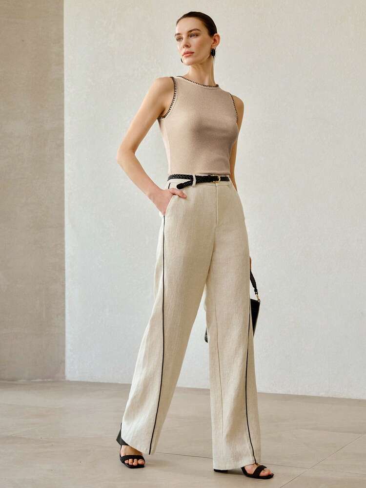 WOMEN'S SUMMER WHITE CONTRAST RIB KNIT SLEEVELESS ELEGANT VERSATILE TANK TOP