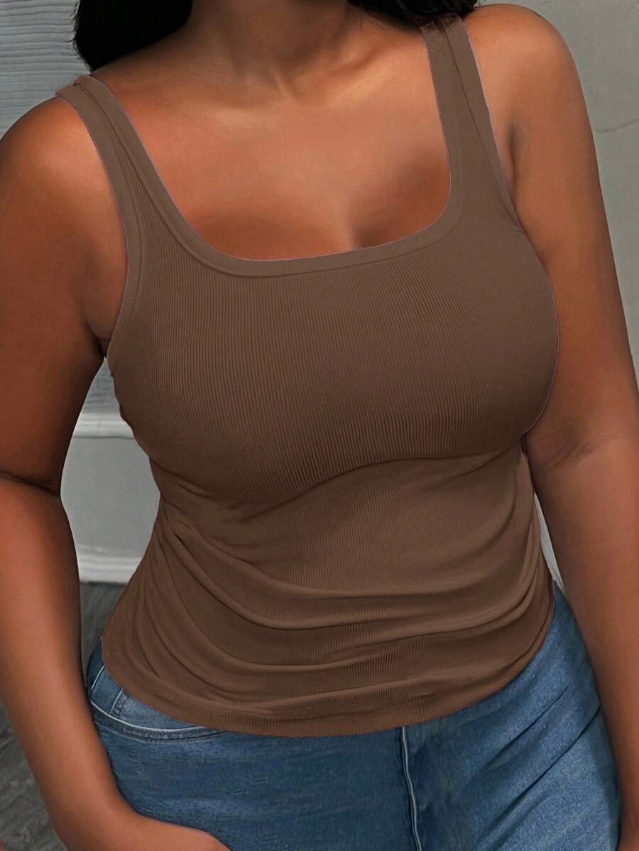 Slaydiva Women Plus Size Basic Deep V-Neck Sleeveless Slim Fit Ribbed Ruched Side Camisole Tank Top, Brown Semi-Sheer None, Summer Smart Casual - Khaki - View 1