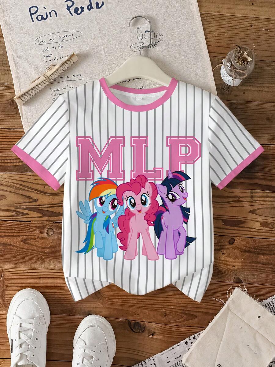 My Little Pony X SHEIN 少女卡通印花圆领短袖休闲T恤 - 白色 - 查看 1