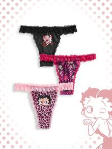 Betty Boop | ROMWE 3件套豹纹和斑马纹蕾丝边丁字裤 - 彩色 - 查看 1