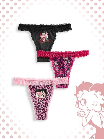 Betty Boop | ROMWE 3件套豹纹和斑马纹蕾丝边丁字裤