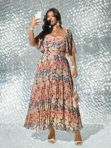 SHEIN Galaire Plus Size Women Elegant Floral Print Long Pleated Dress - Yellow - View 6